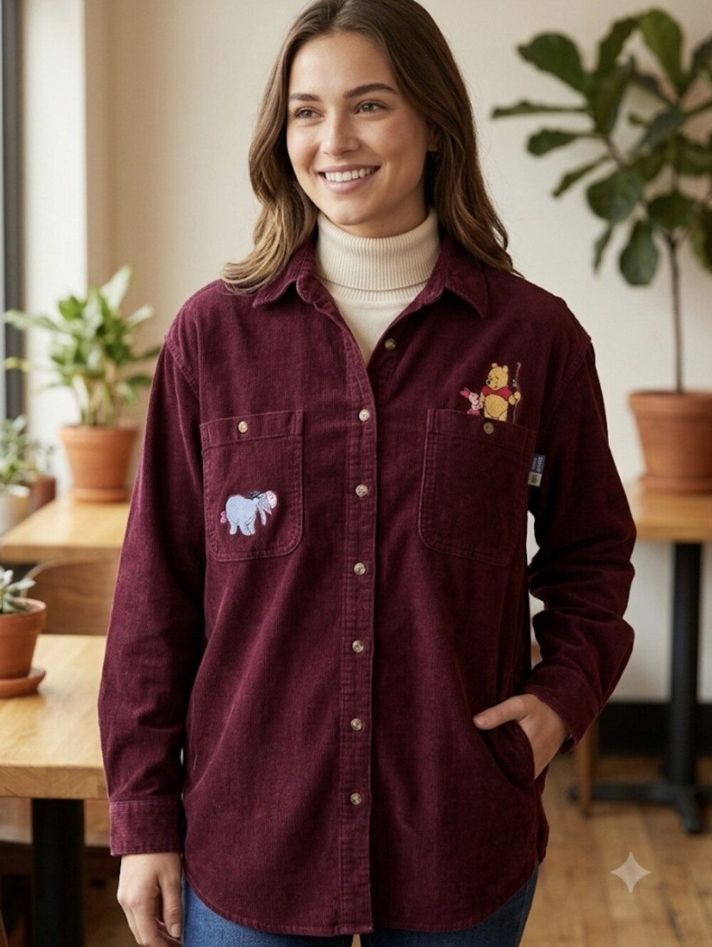 Vintage Disney Pooh & Friends Burgundy Corduroy Button Down XL